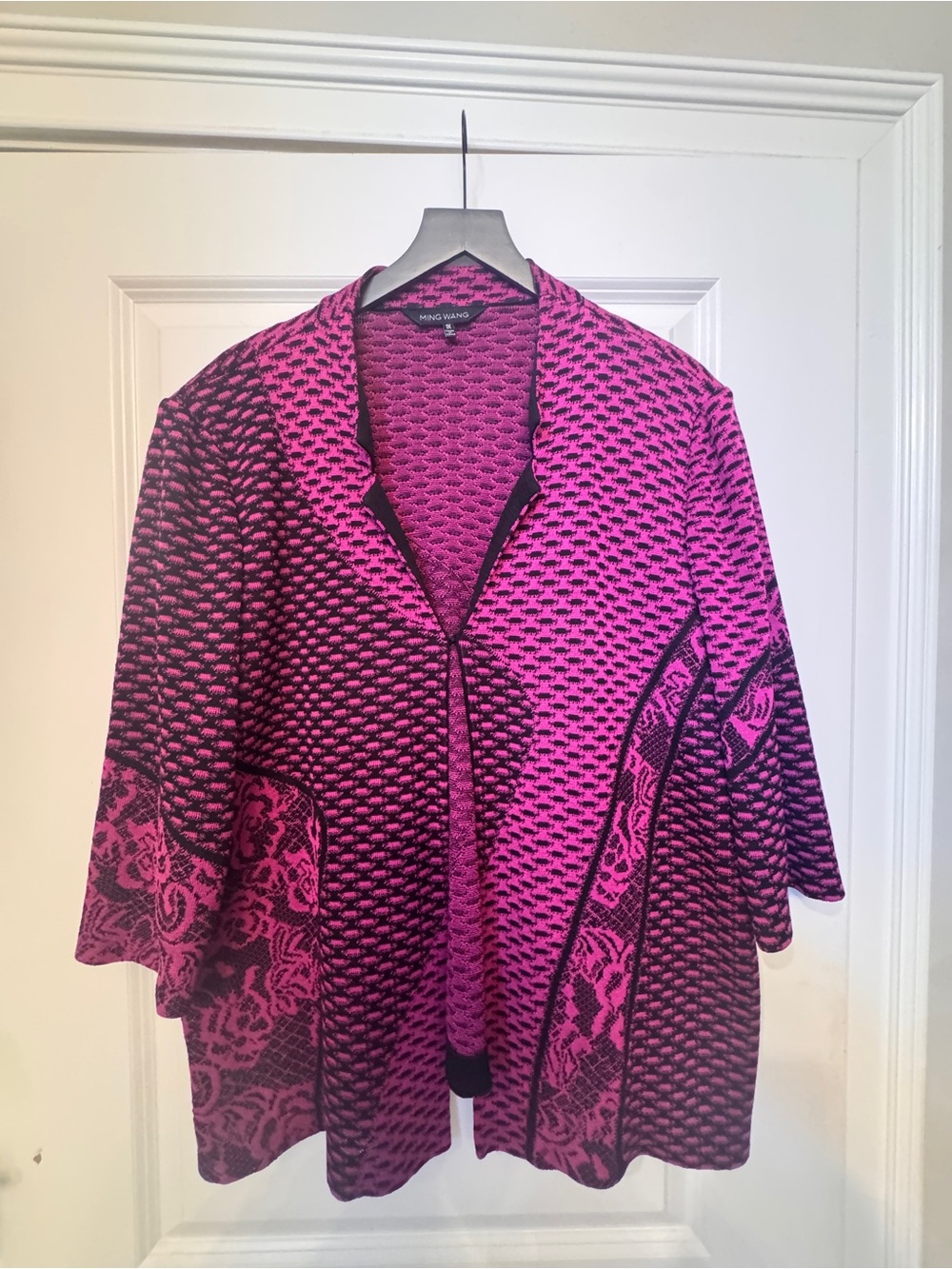 Ming Wang Pink and Black Patterned Open Cardigan Sweater